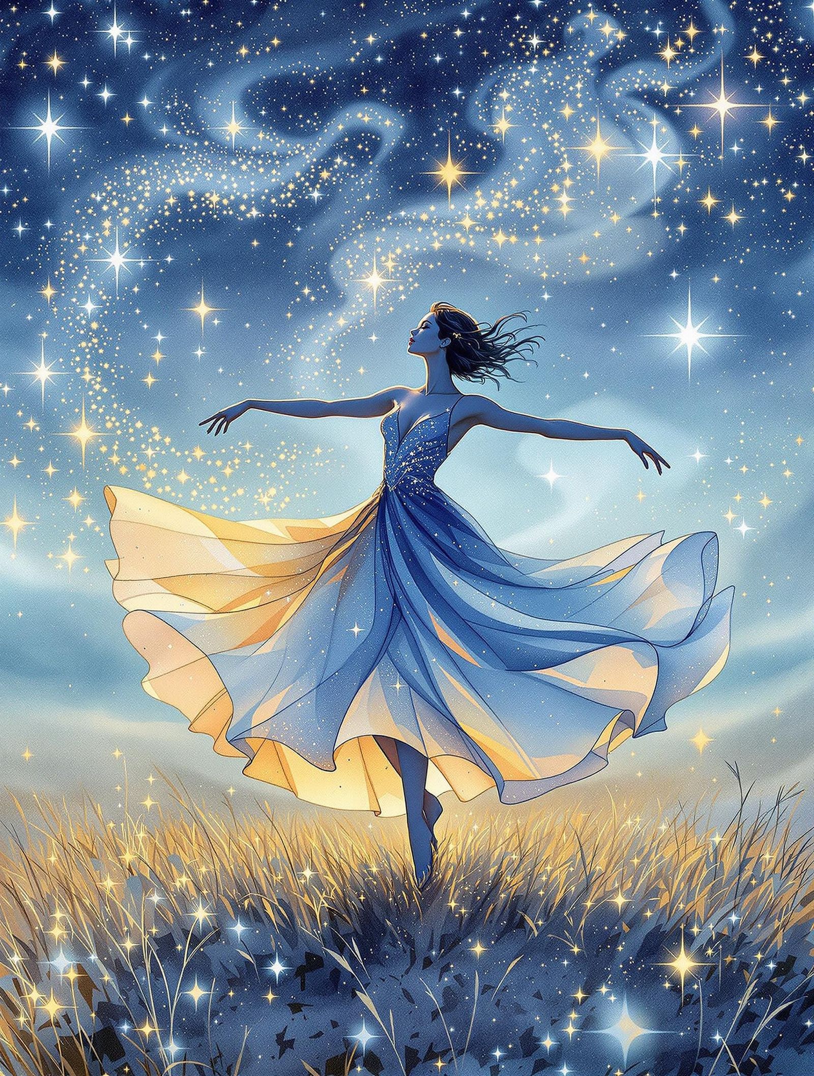 Dancer Under Starlit Sky in Vibrant Watercolor