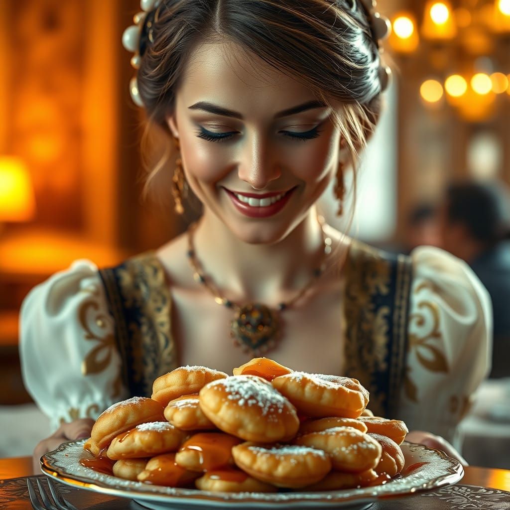 Steaming Poffertjes with Syrup and Powdered Sugar in Dutch A...