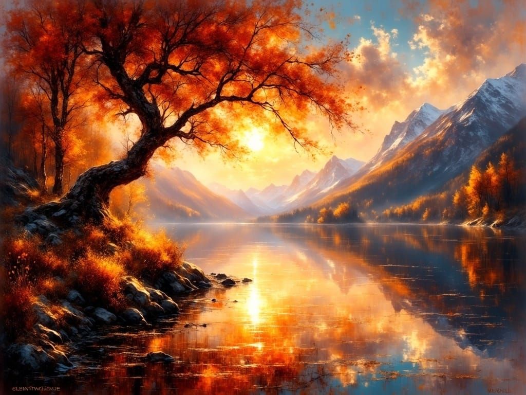 Autumnal Landscape with Majestic Tree and Sunset