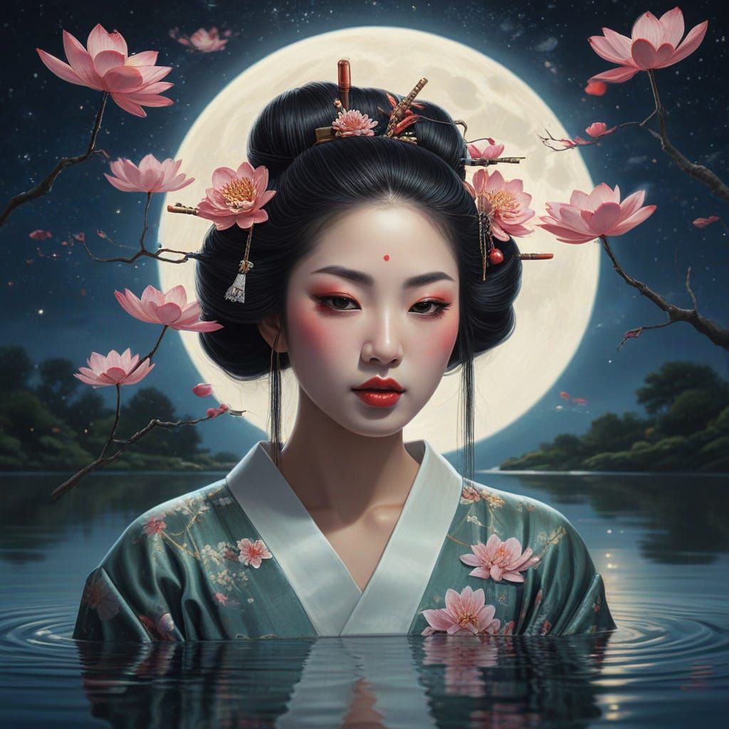 Celestial Geisha Floating Under Moonlight: Surreal Oil Paint...