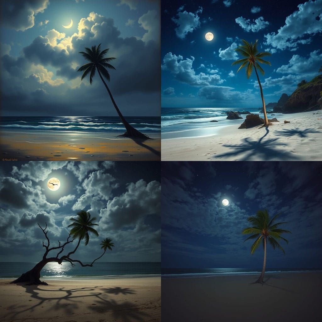 Moonlit Beach with Palm Tree and Tree Under Starry Night Sky