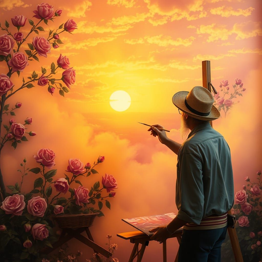 Artist Painting Sunrise Mural in Luminist Style