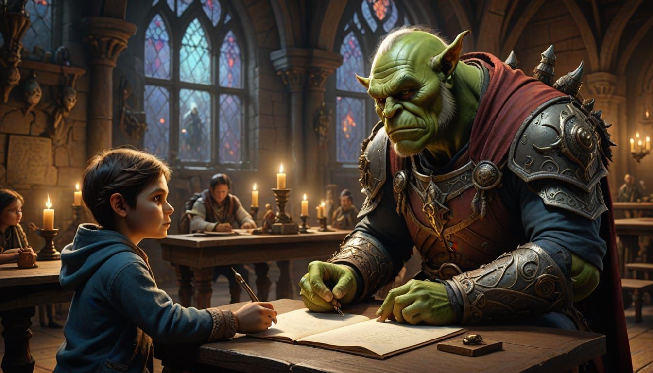 Orc Teacher Inspects Tiny Angel Student in Fantasy Classroom