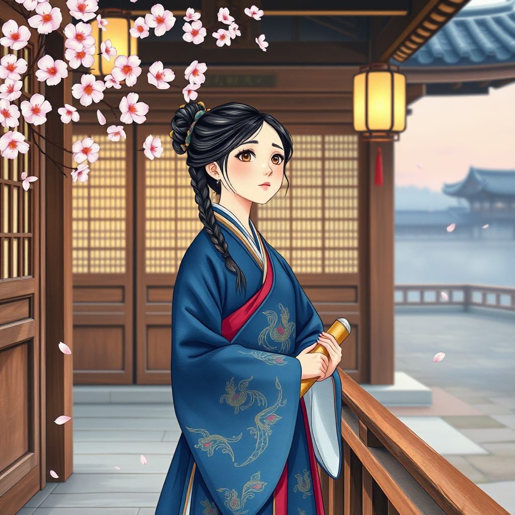 Korean Woman in Hanbok at Dawn, Ghibli-Inspired