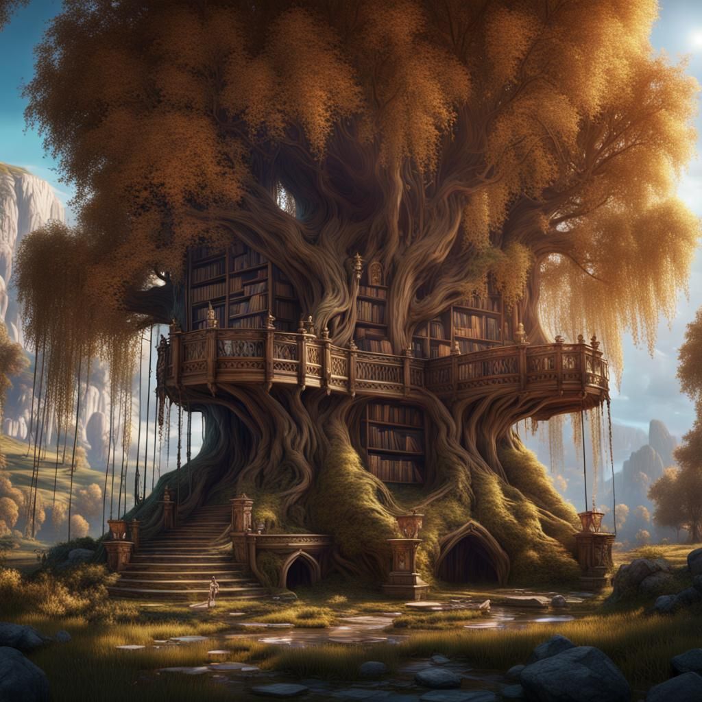 Enchanted Willow Tree Library: Fantasy Concept Art