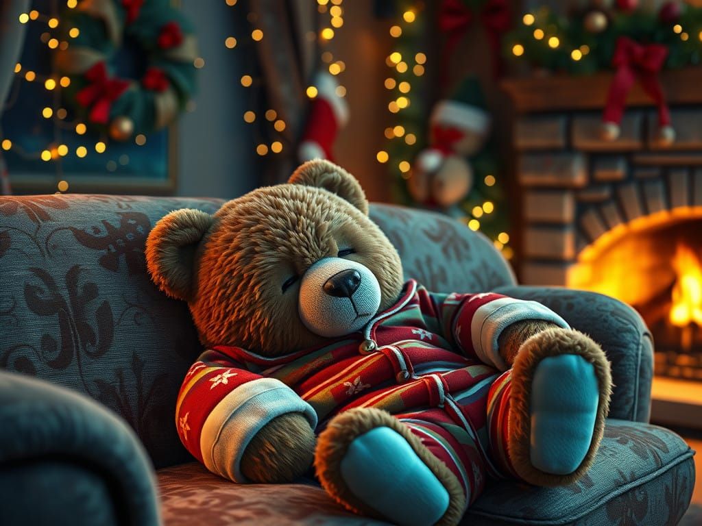 Cozy Christmas Bear Slumbers by the Fireplace