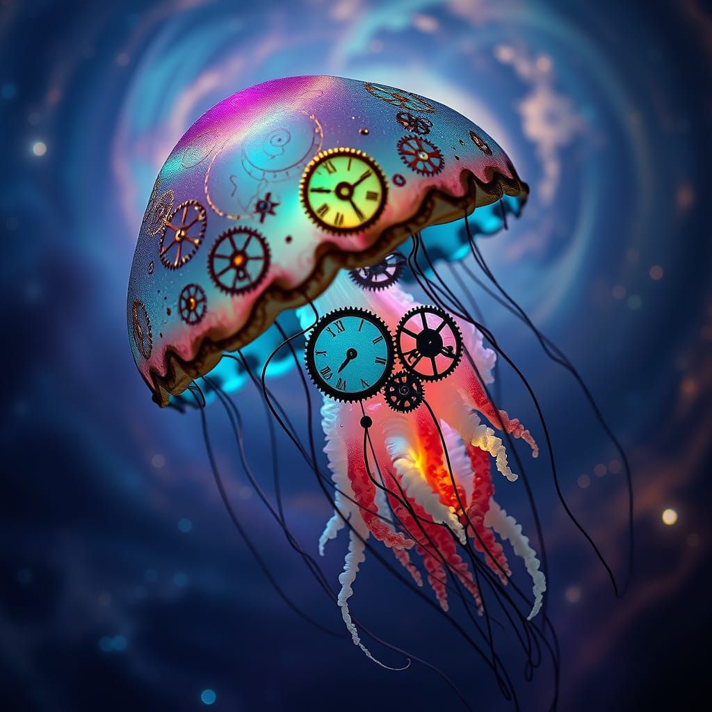 Clockwork Jellyfish in Bioluminescent Galaxy