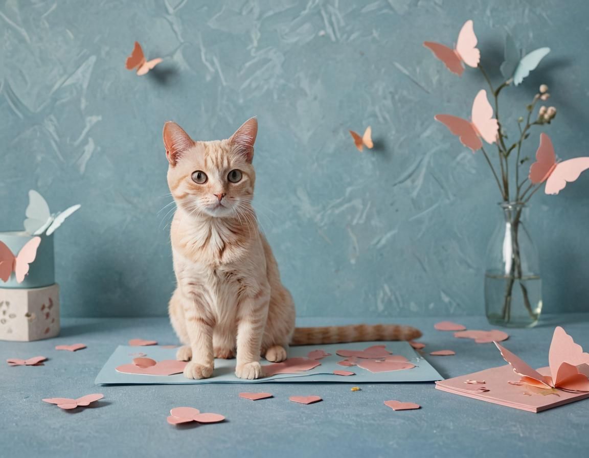 Whimsical Papercraft Invitation Card with Cat and Hearts