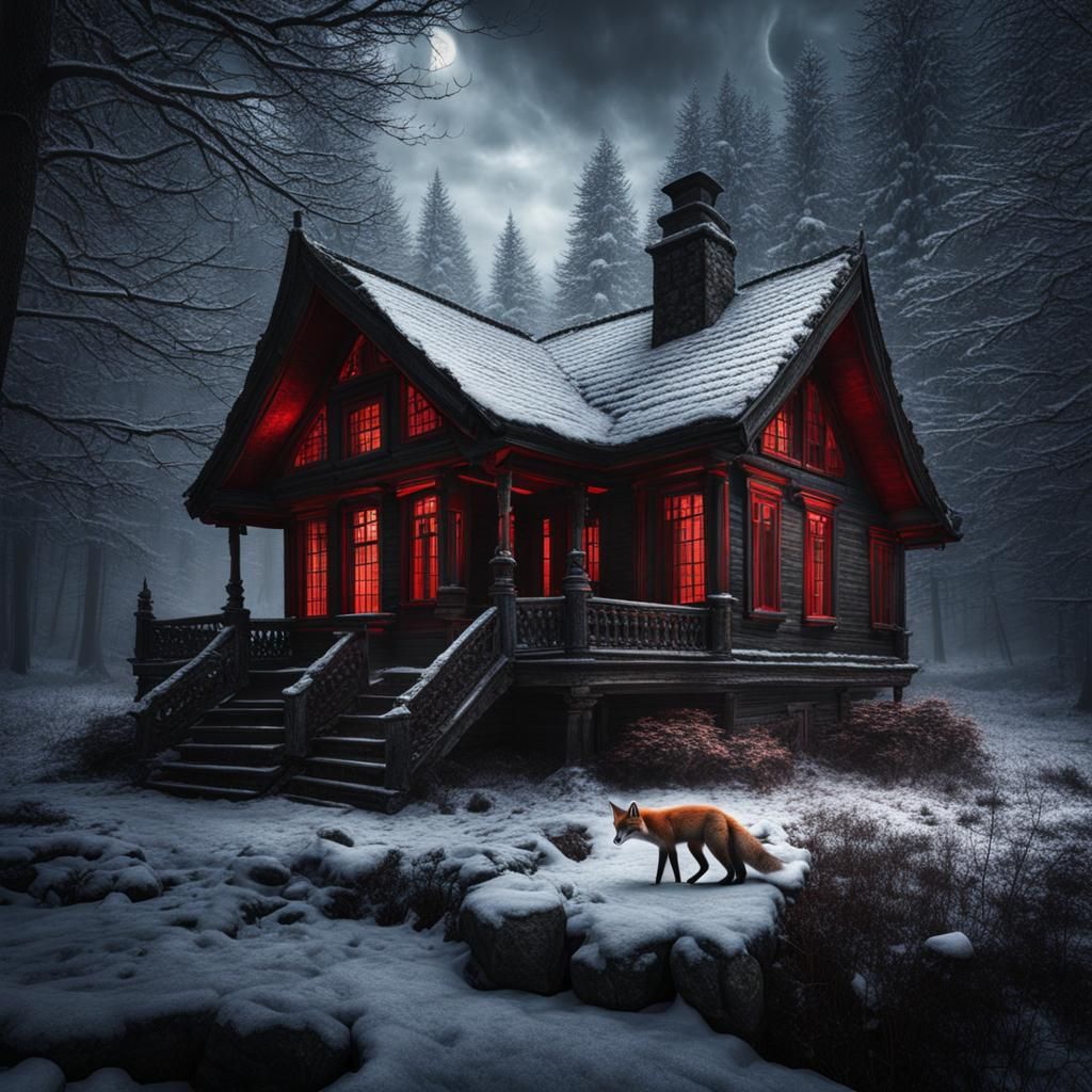Creepy House in Dark Forest with Red Fox