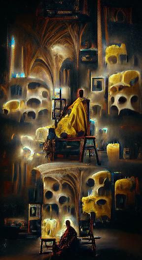 Man on Skull Throne in Gothic Cathedral: Oil Painting