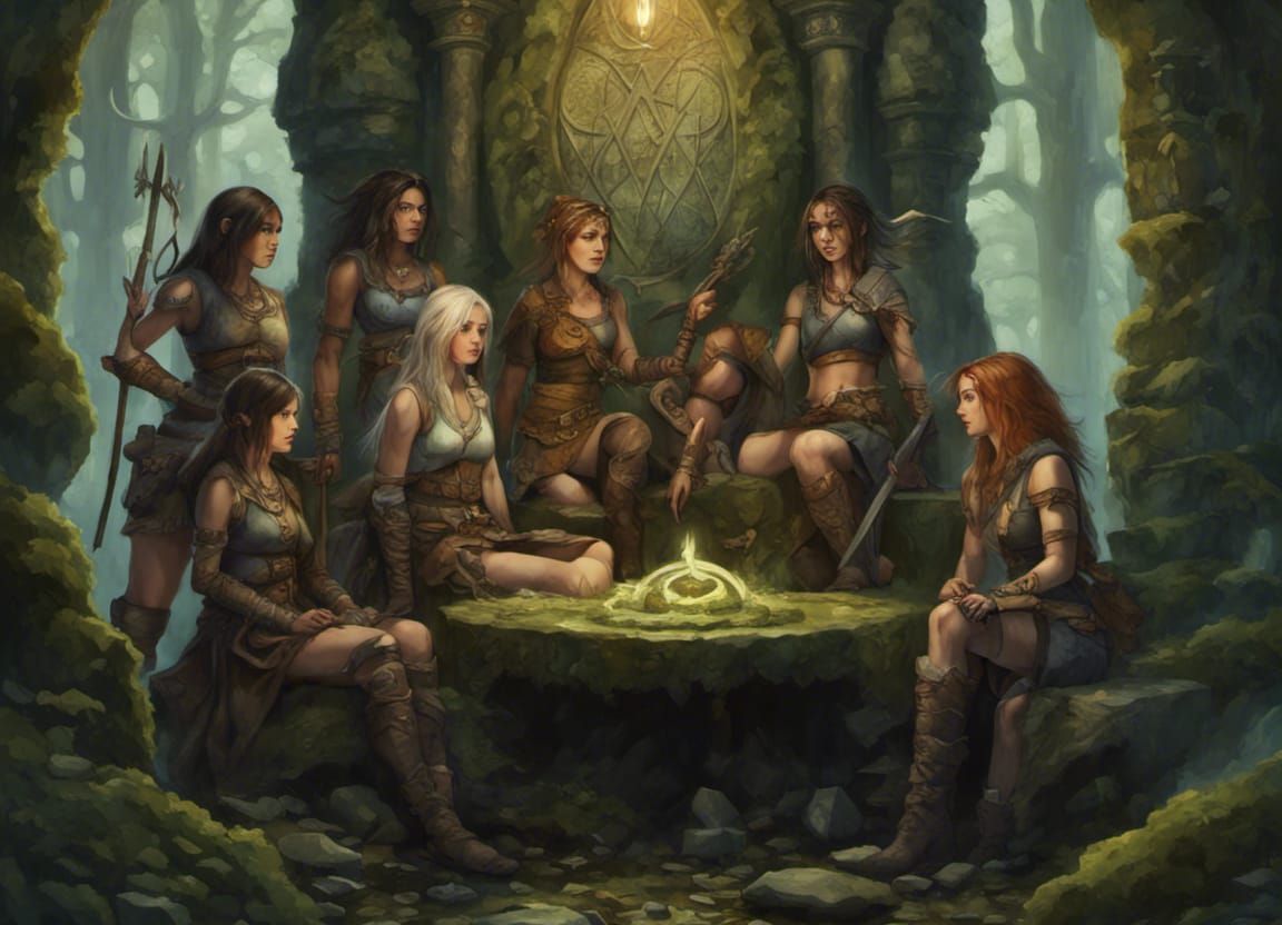 Female Huntresses Gathered in Forest Temple Fantasy