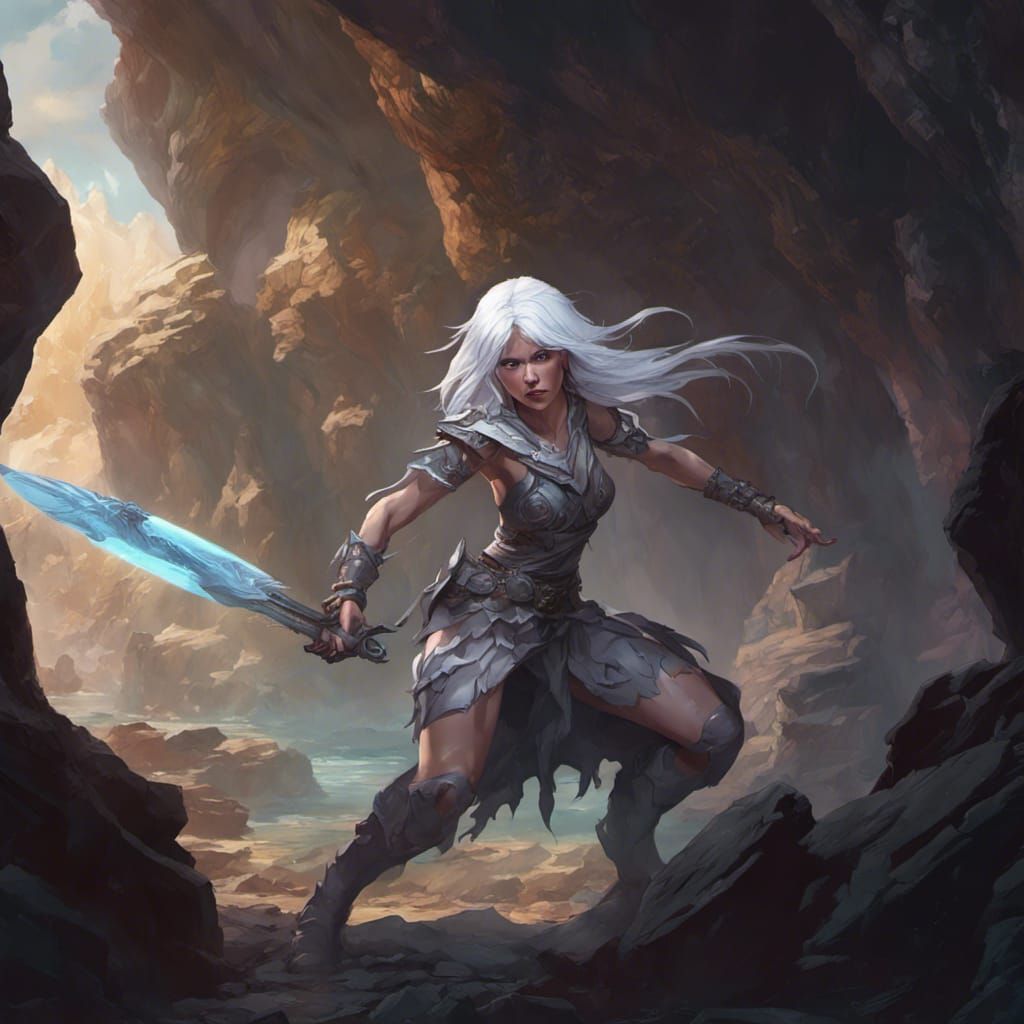 Female Warrior Fighting Shadows in Iridescent Cave