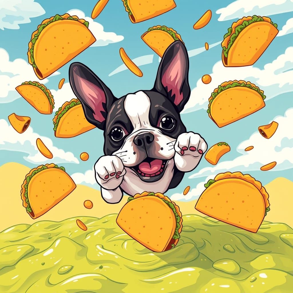 Boston Terrier Leaps for Tacos in Whimsical Food Wonderland
