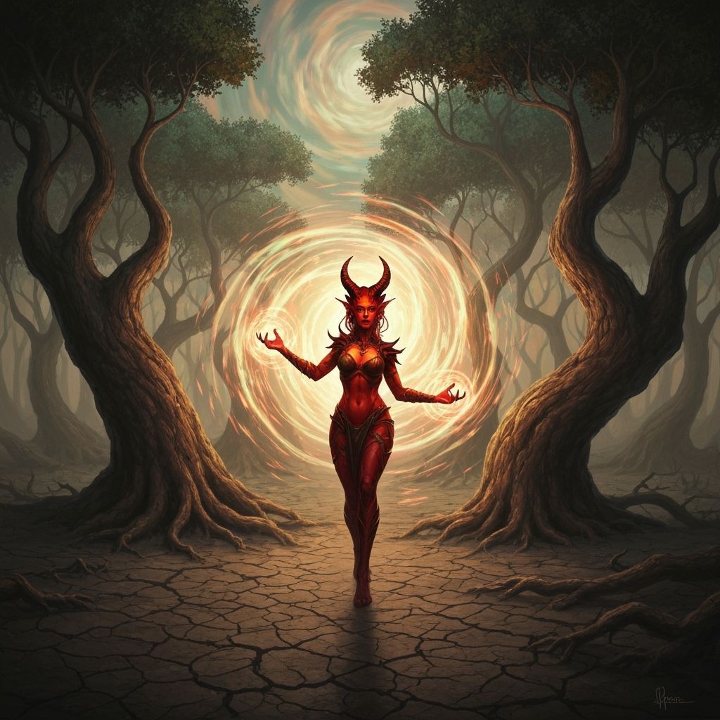 Tiefling Enchantress Conjuring Energy in Surreal Forest