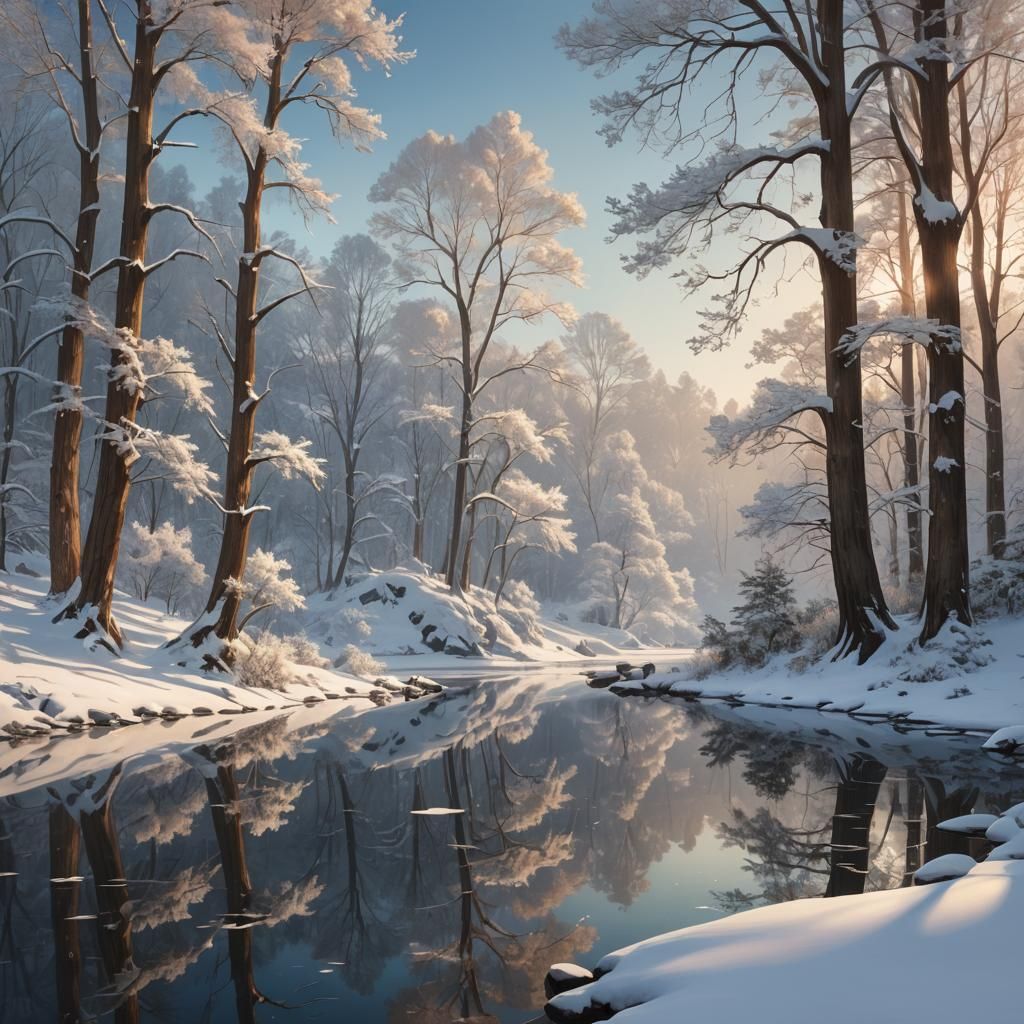 Reflective Winter Lake in Hudson River Style