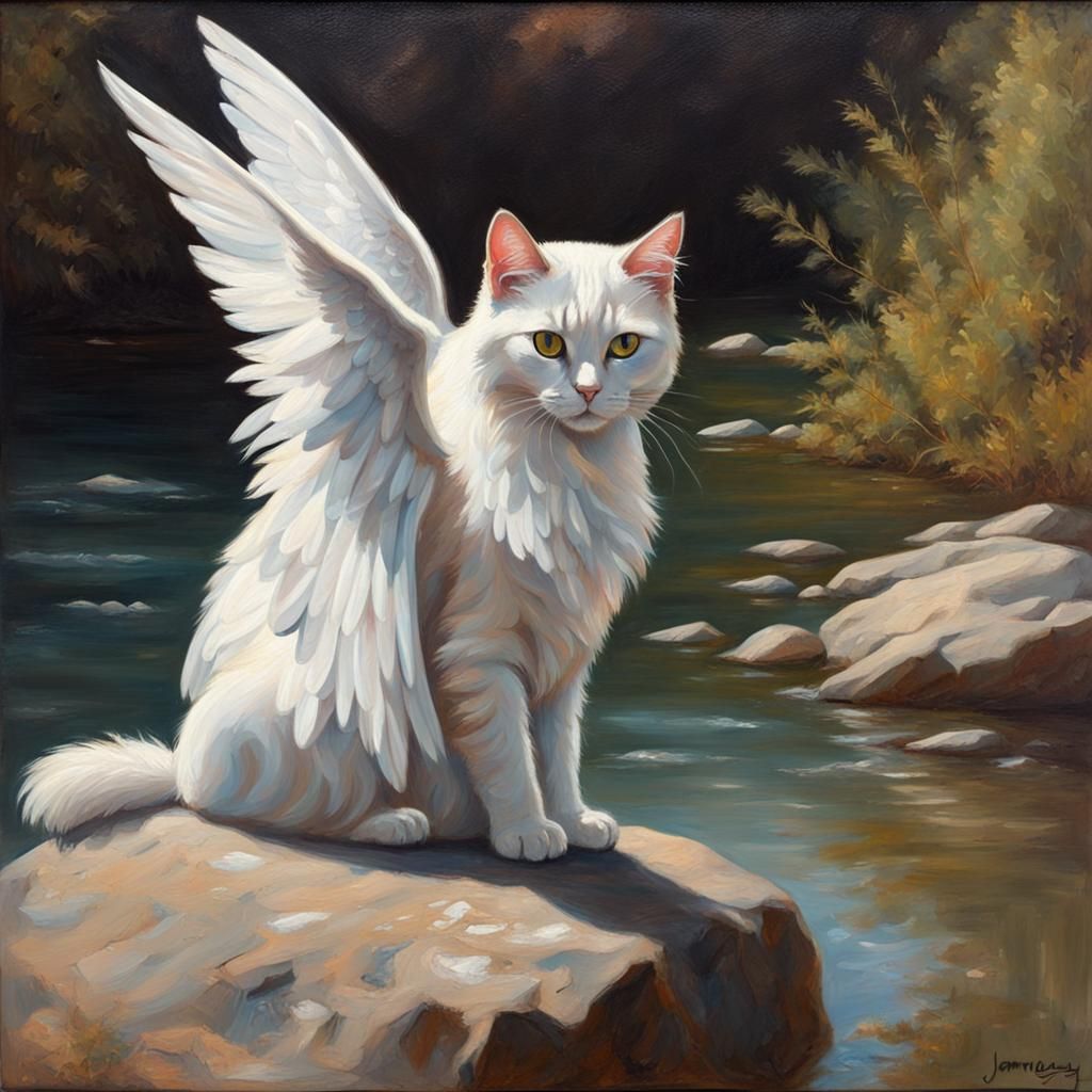 Angelic Cat on River Rock, Oil Painting