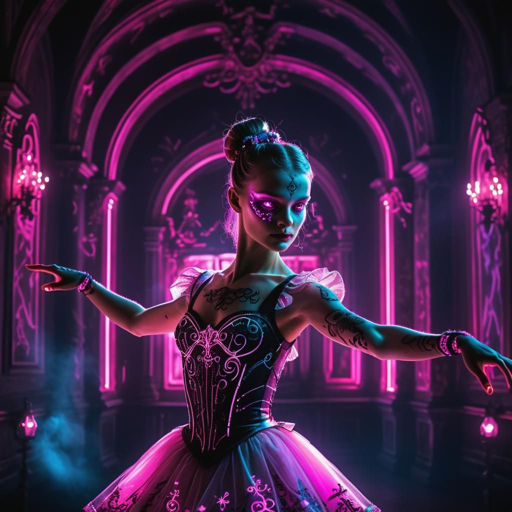 Biopunk Ballerina Dances in Neon-Lit Castle