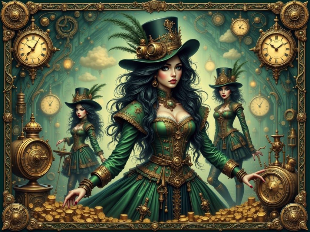 Steampunk Fantasy with Celtic Elements in Maximalist Style