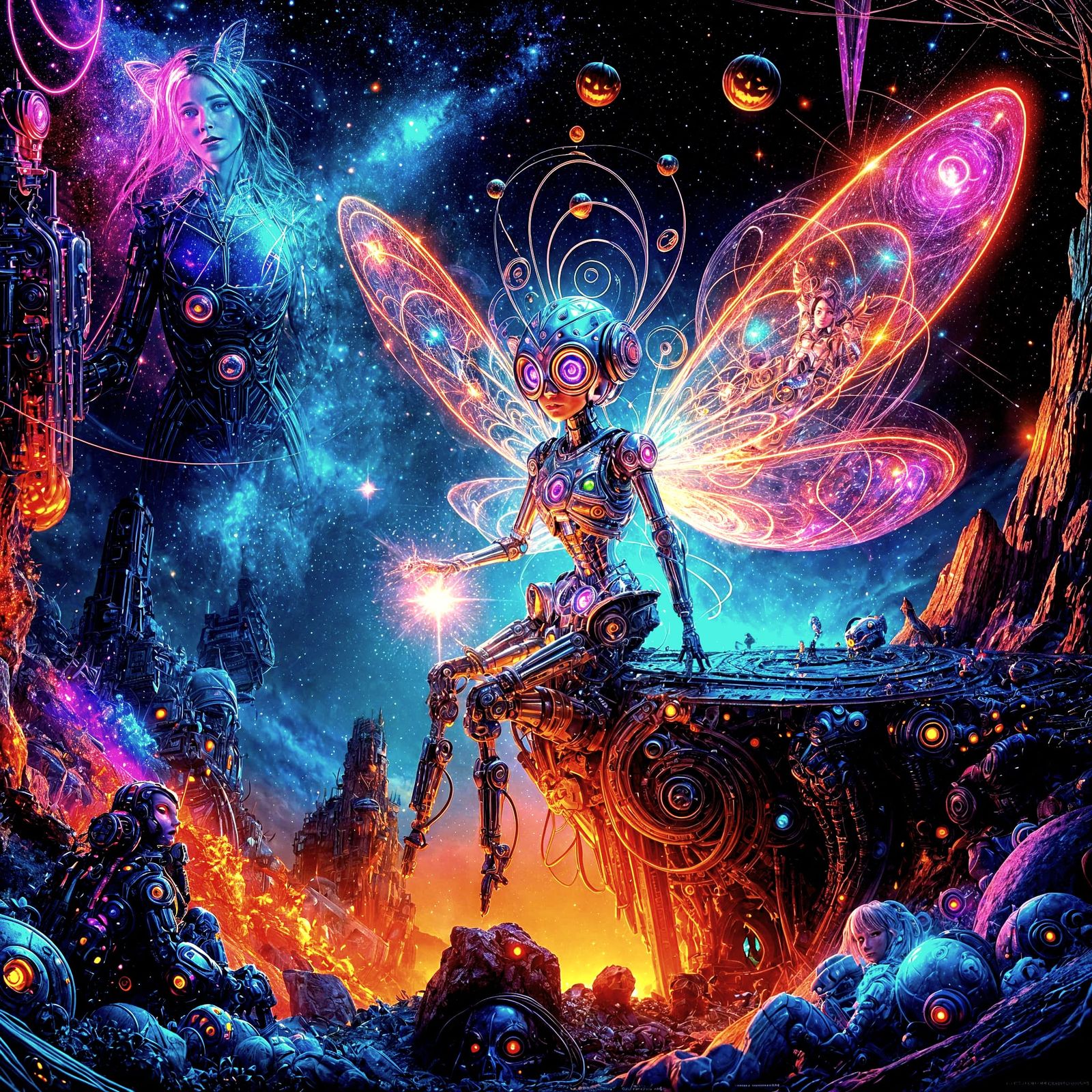 Robotic Fairy in Halloween Cosmic Scene
