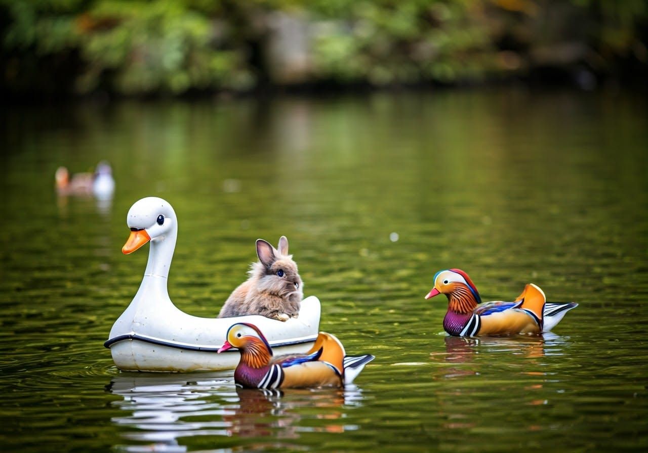 Rabbit in Swan Boat on Asian Lake