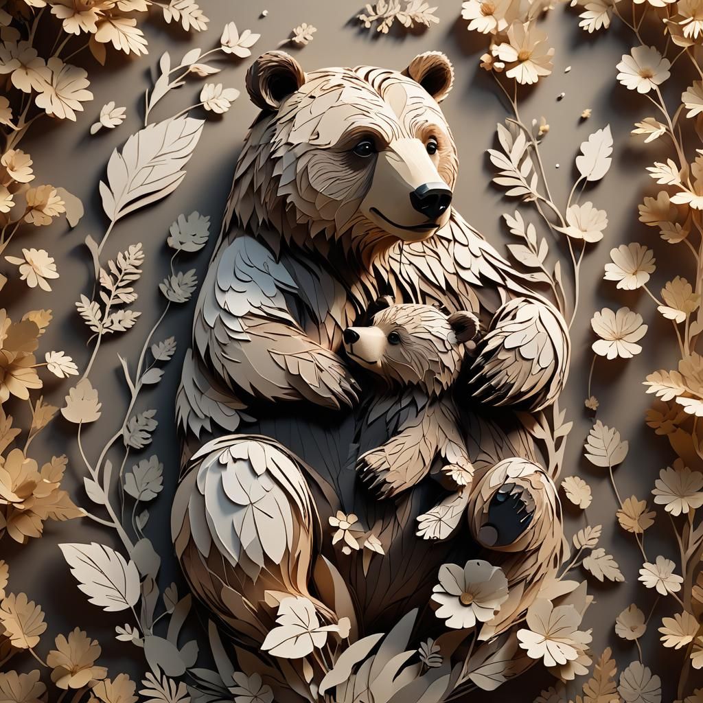 Mother Bear with Cub: Papercut Style Illustration