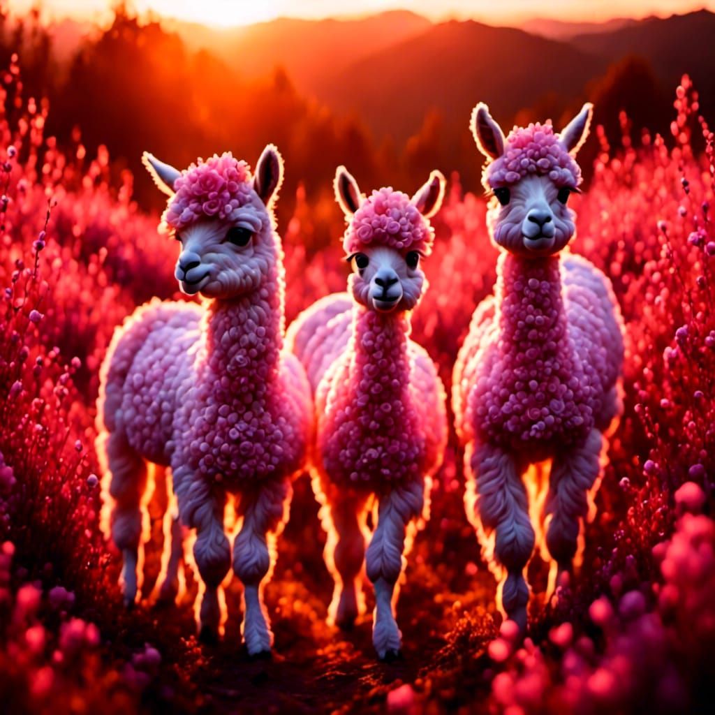 Baby Llamas Playing in Flowery Meadow at Sunset