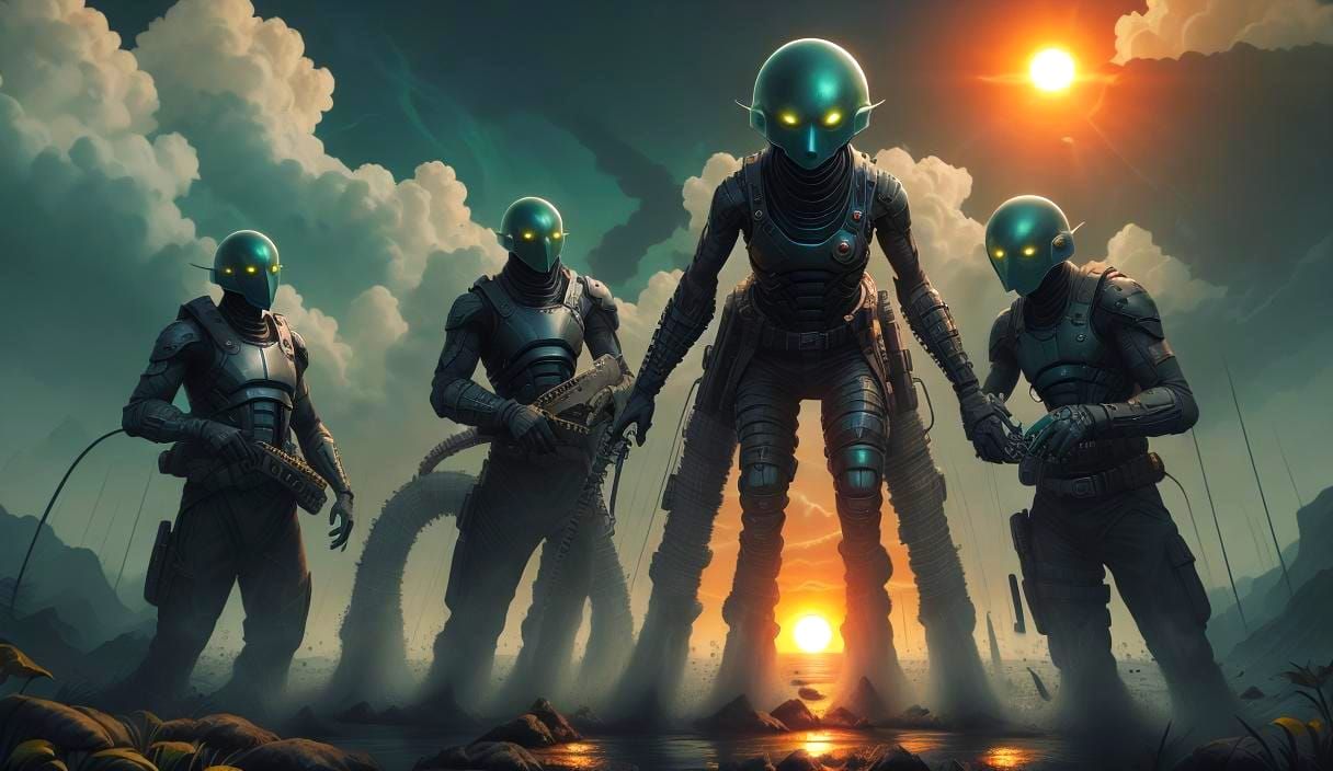 Surreal Cyberpunk Snakepunks Amidst Solar Spheric Sunset Lan...