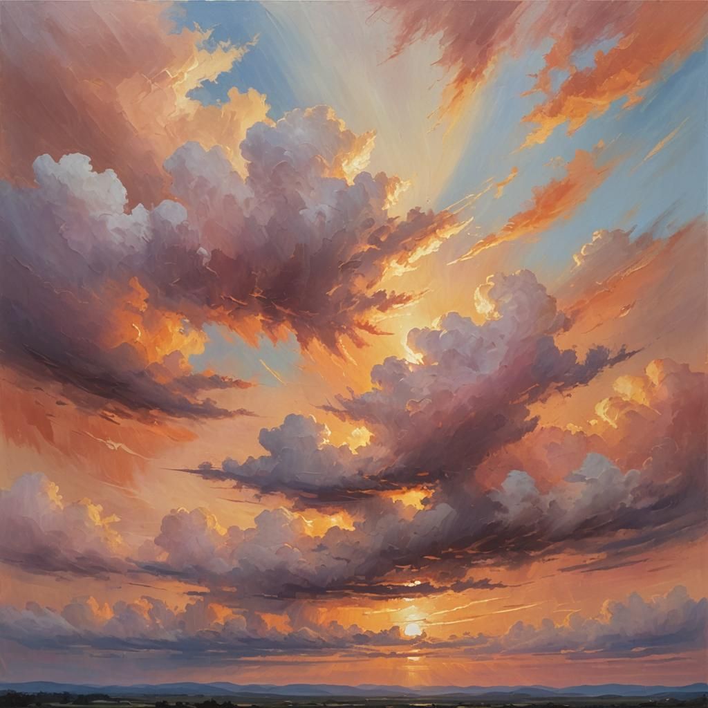 Vibrant Oil Painting of Sunset Through Clouds