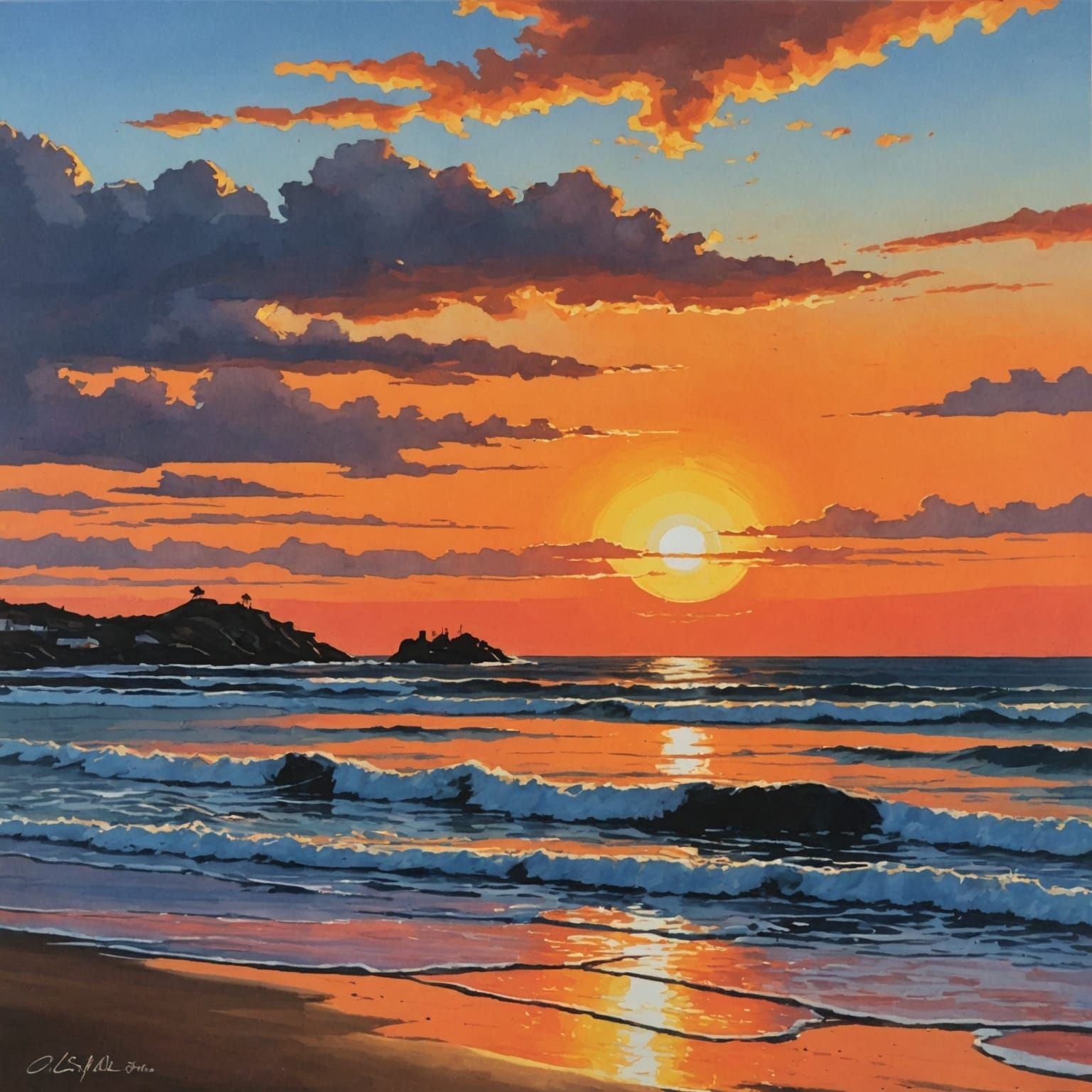 Sunset Over the Sea: A Gouache Painting