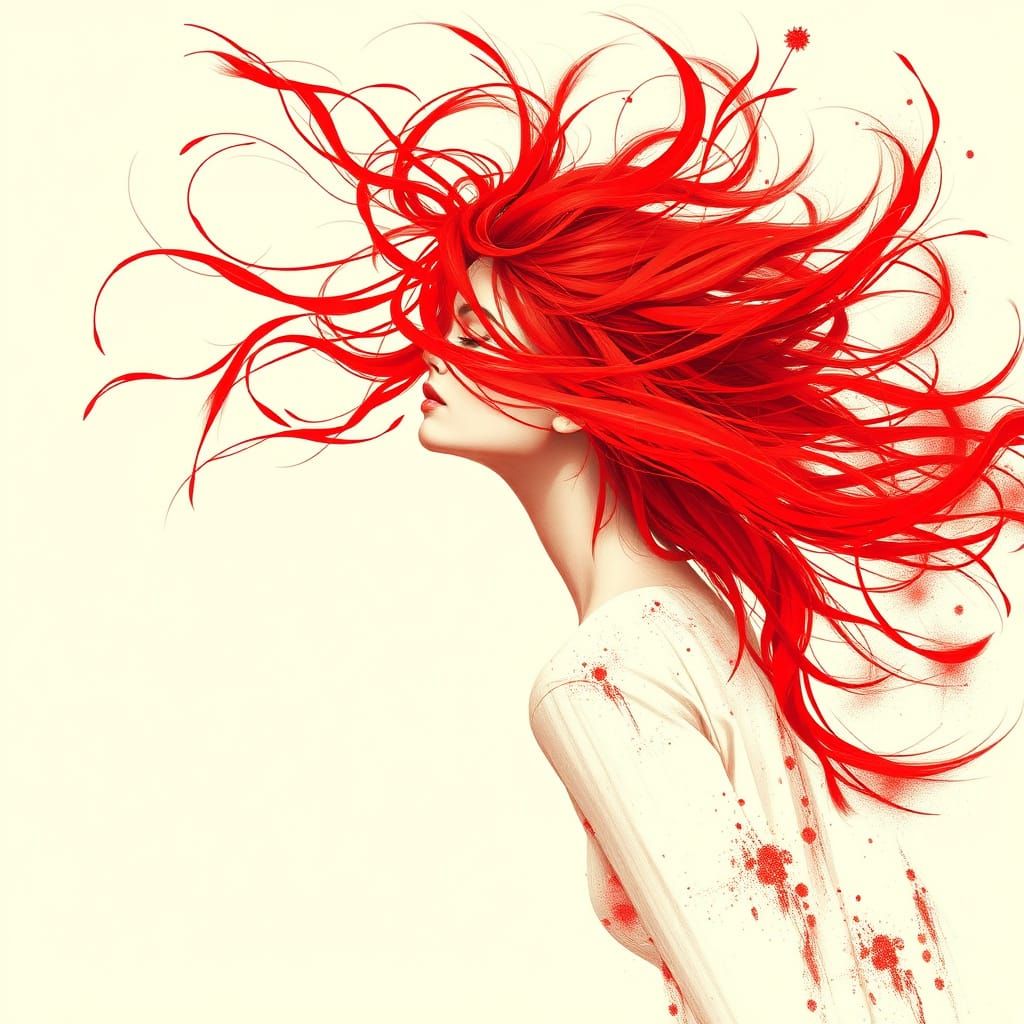 Chaotic Beauty: Red Expressionist Portrait with Flowing Hair