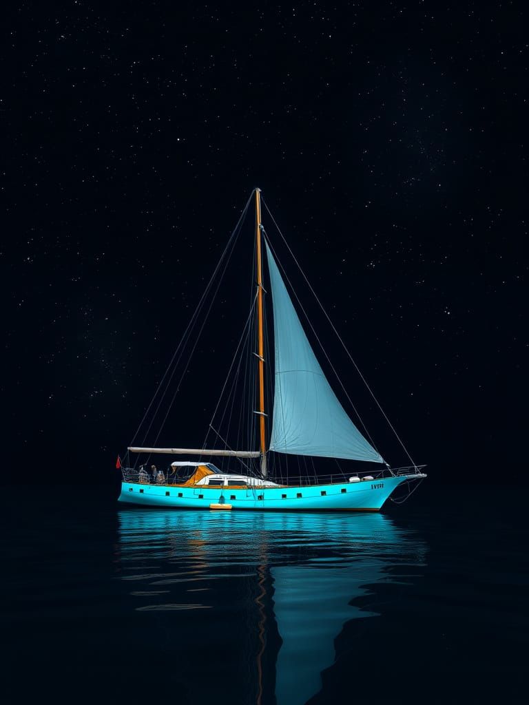Turquoise Schooner Reflecting Stars at Night