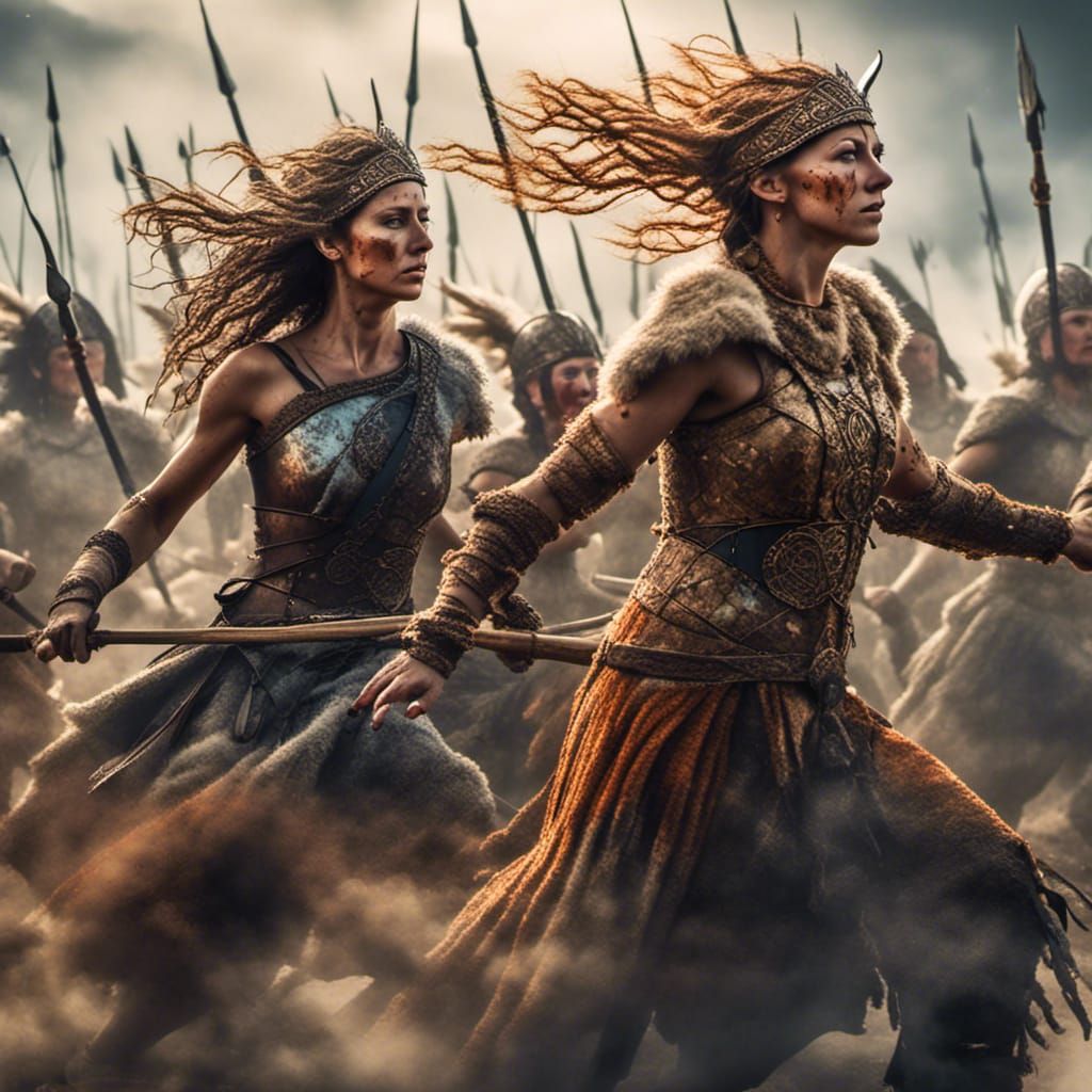 double exposure Female British Iceane Celtic warriors, charge over a battlefield over a back ground of running hares and...