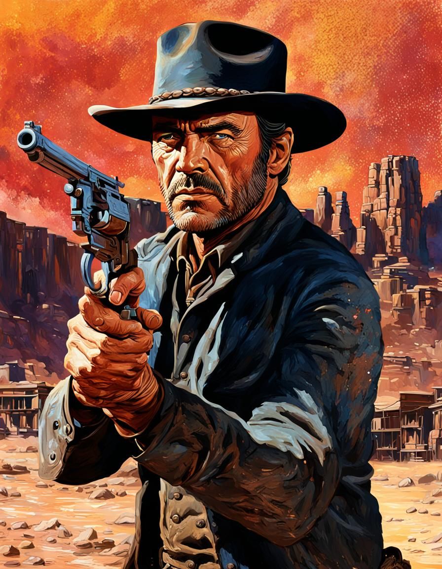 Dramatic Western Scene in Hyperrealistic Splash Art