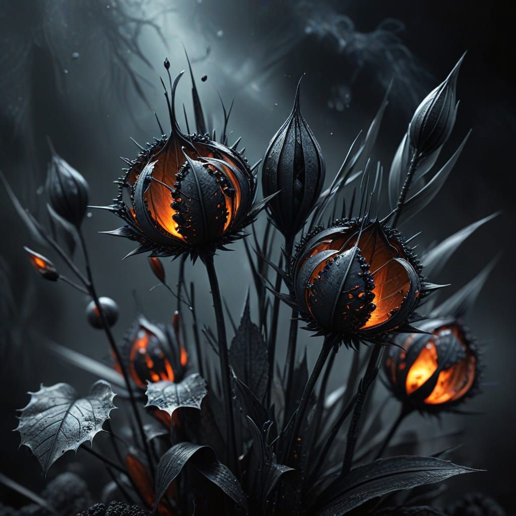a bouquet of black skeletonized physalis in dark gray and dark cold tones, and air with fractal scaly
skin with glowing ...