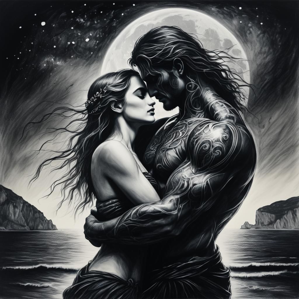 Aphrodite and Ares: Dark Romantic Beach Embrace