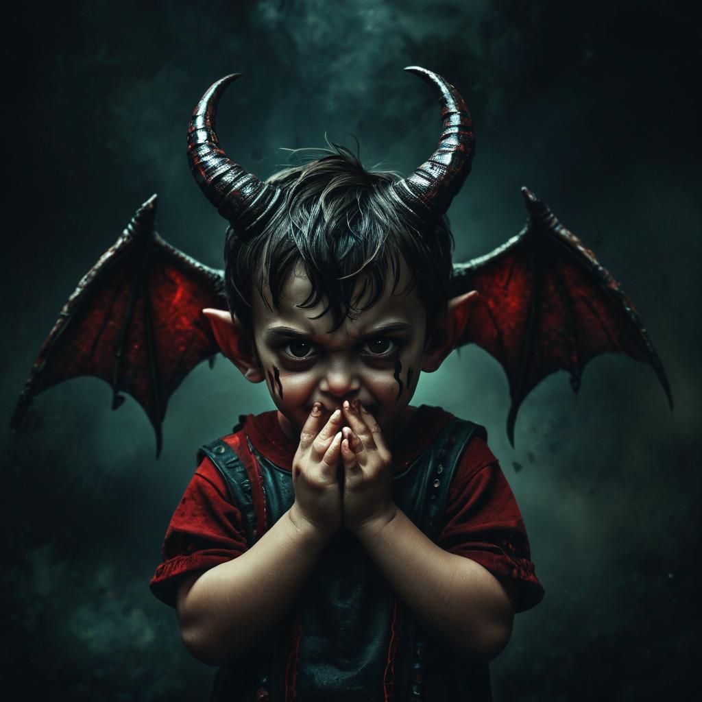 Estunning image of a cute adorable child angel with halo, holding hands over eyes, hiding, moody, grainy, noisy concept...