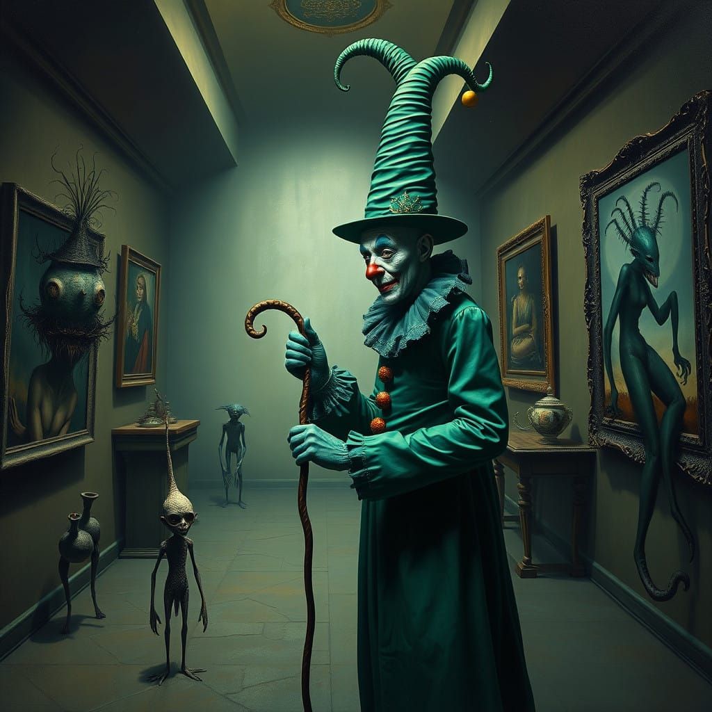 Surrealist Jester in Emerald Green, Dreamlike Chamber of Won...