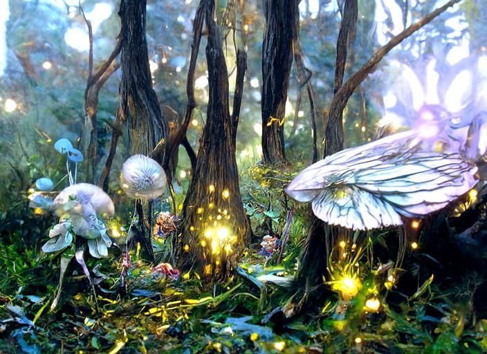 Enchanted Forest Scene with Fairies and Fireflies