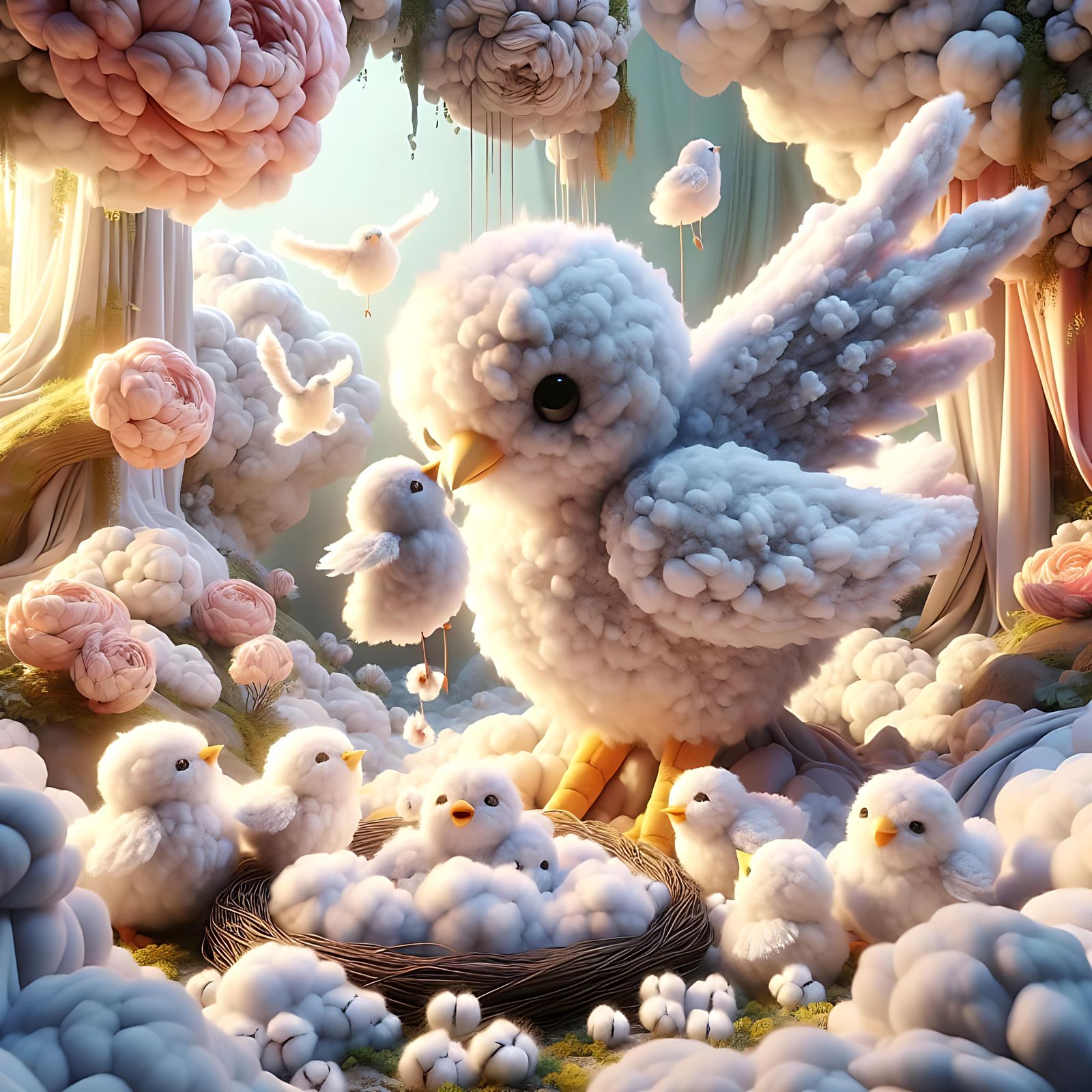 Cotton Teddy Bird Family in Dreamy Forest