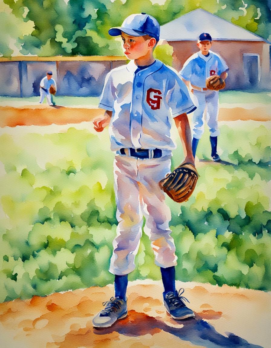 Little League Pitcher in Colorful Watercolor Style