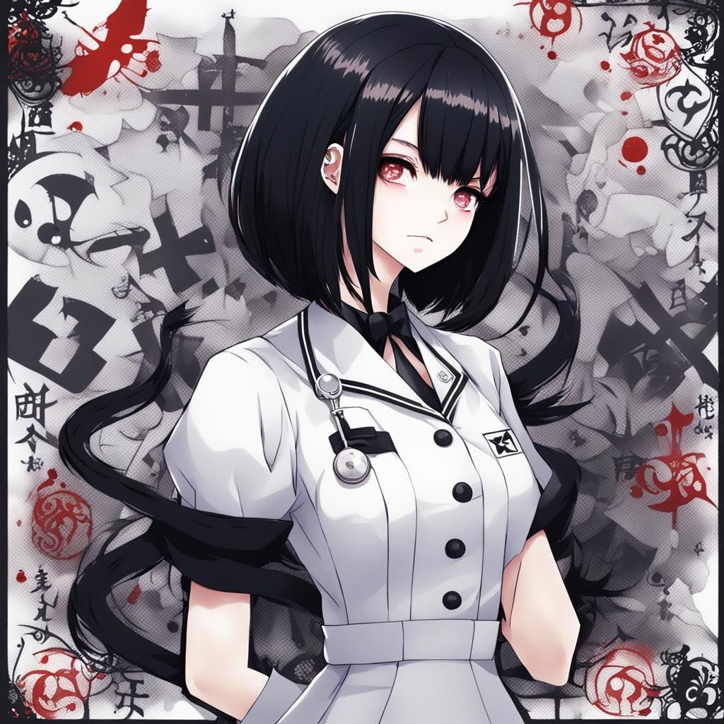 Goth Woman in Naughty Nurse Outfit, Anime Style