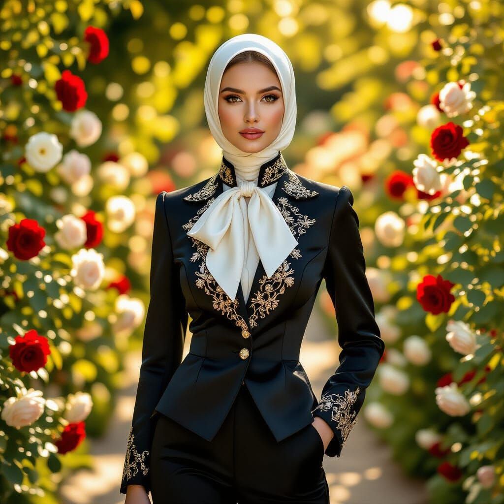 Elegant Woman in Rose Garden with Golden Light