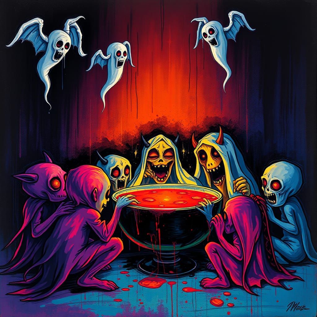 Ghosts and Goblins Party Scene in Street Art Style