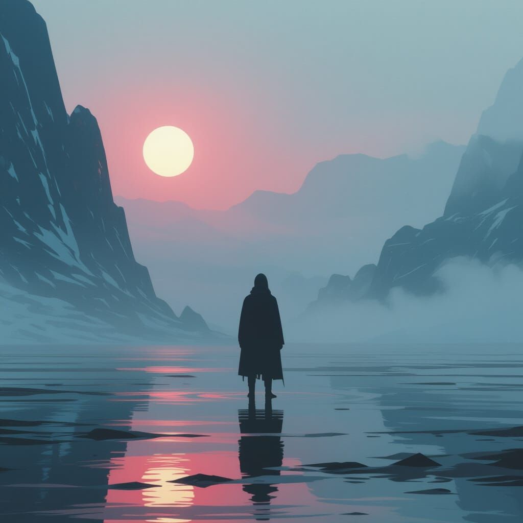 Misty Figure in a Vibrant Futuristic Landscape