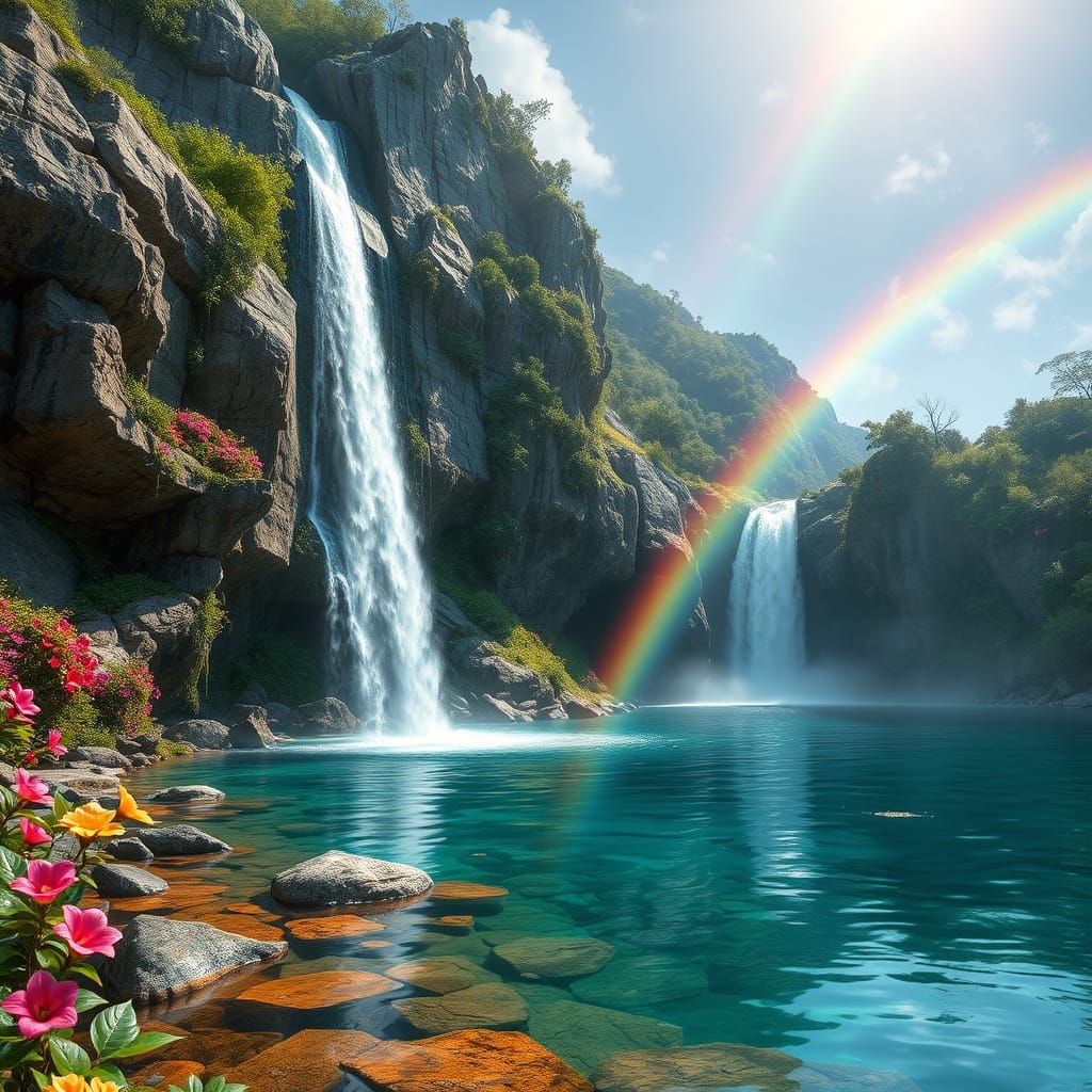 Crystal Clear Waterfall Cascades in a Lush, Emerald Landscap...