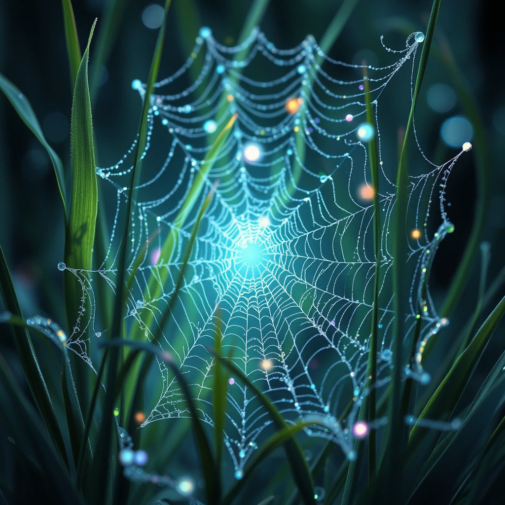 Iridescent Webs on Dewy Grass: Bioluminescent Fractal Art