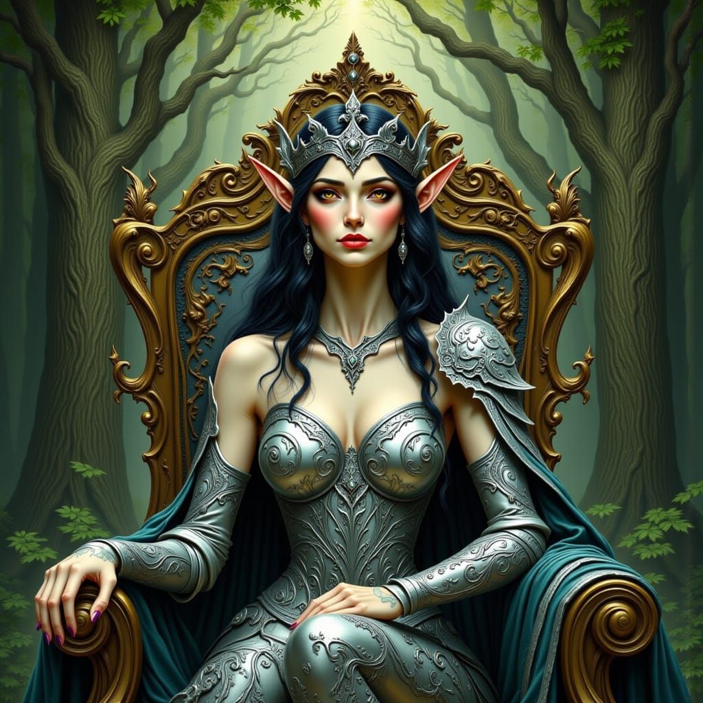 Elven Queen on Throne in Fantasy Art Style