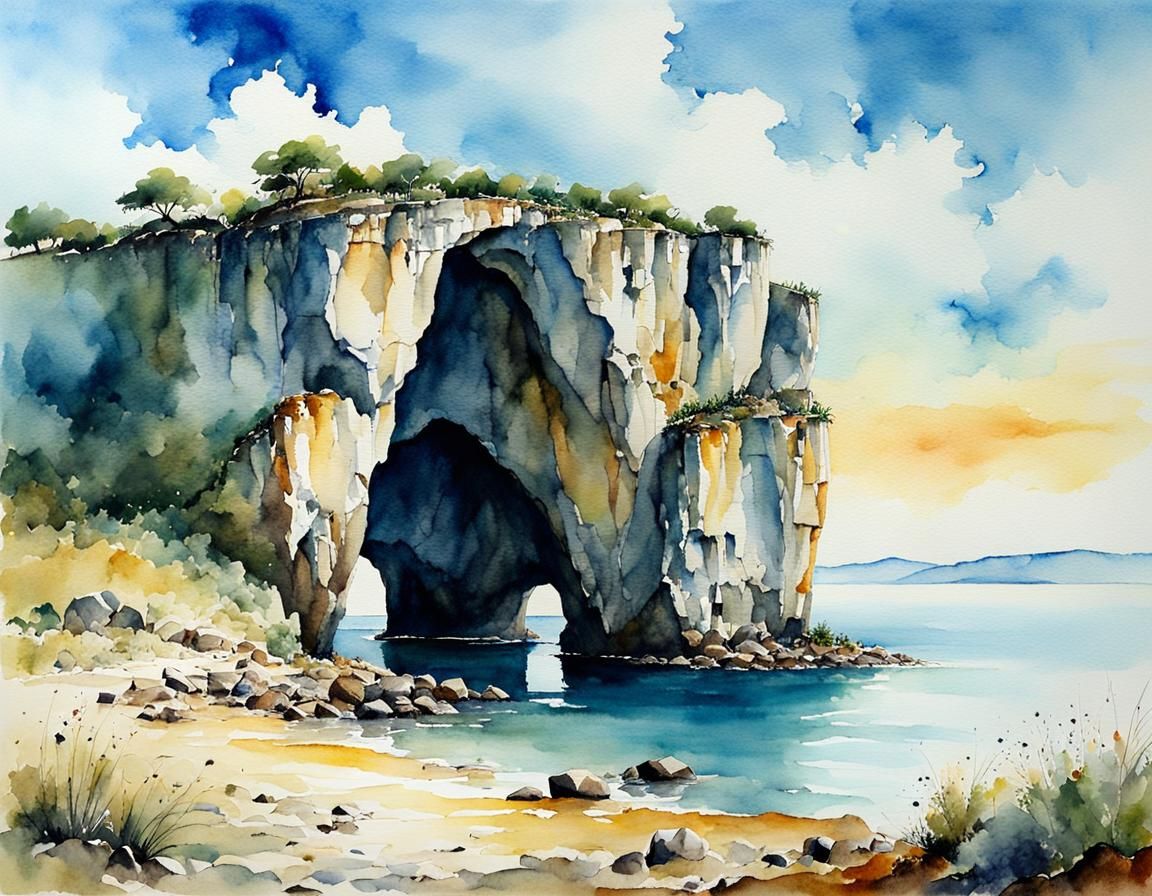 Ancient Plateau Grotto at Noon in Watercolor