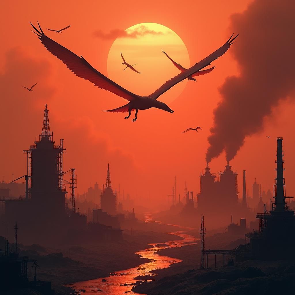 Dystopian Industrial Valley with Flying Reptiles
