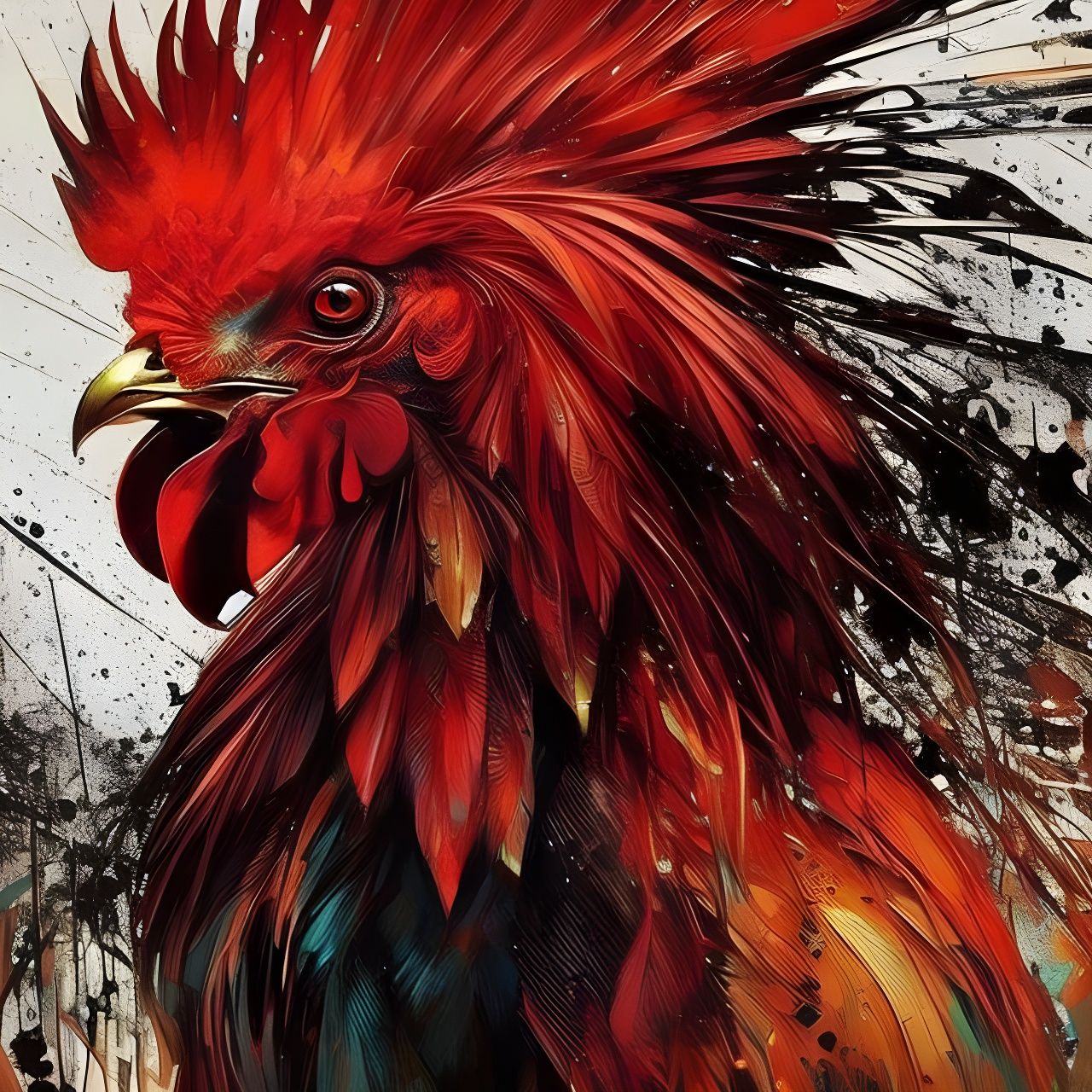 Fiery Rooster Portrait in Textured Speedpaint Style